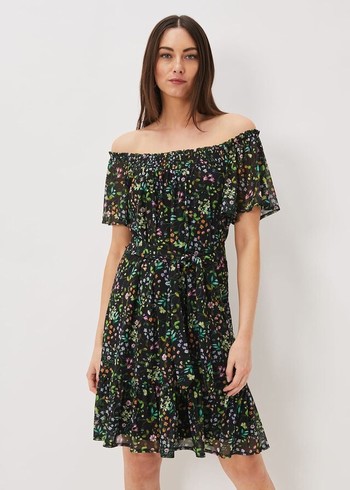 Phase Eight Zaylah Shirred Floral Mesh Dress Black/Multicolor USA | 9427350-QG